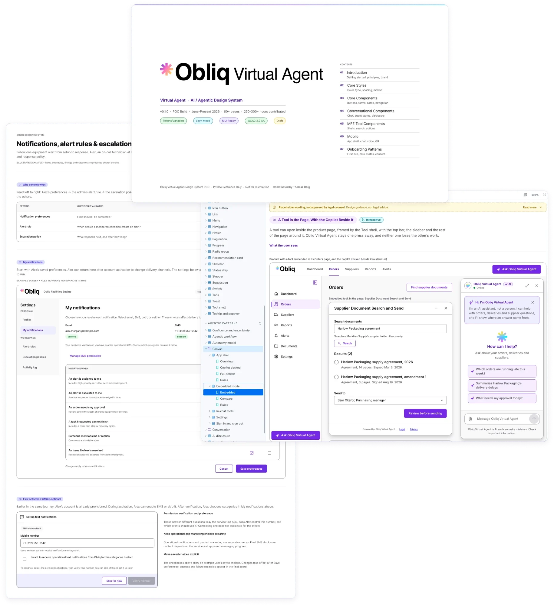 A collage of the work behind this page: the cover of the Obliq AI & Agentic Design System Figma file, a Figma page on notifications, alert rules and escalation, and a page of the Storybook showing a tool embedded in a product with the AI assistant beside it.