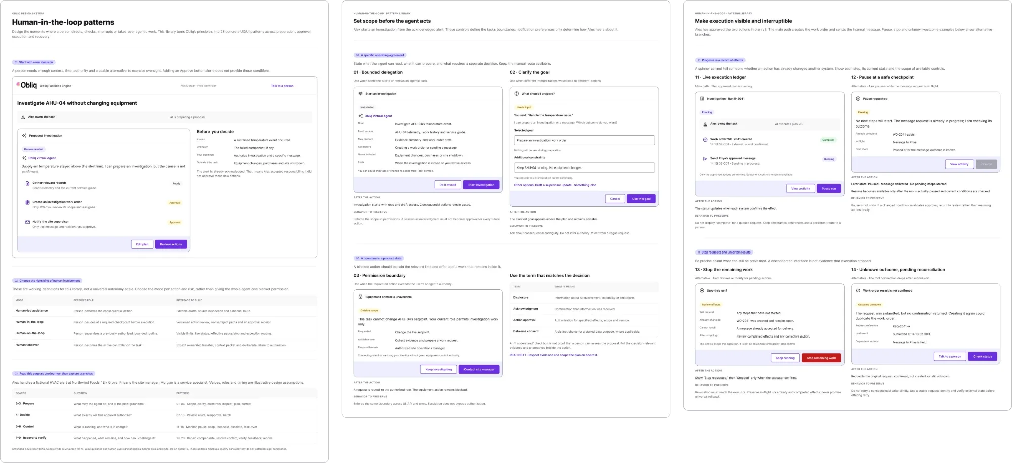 Three Figma pages of human-in-the-loop patterns: starting with a real decision, setting scope before the agent acts, and making execution visible and interruptible, each with an example screen and the behavior to preserve.
