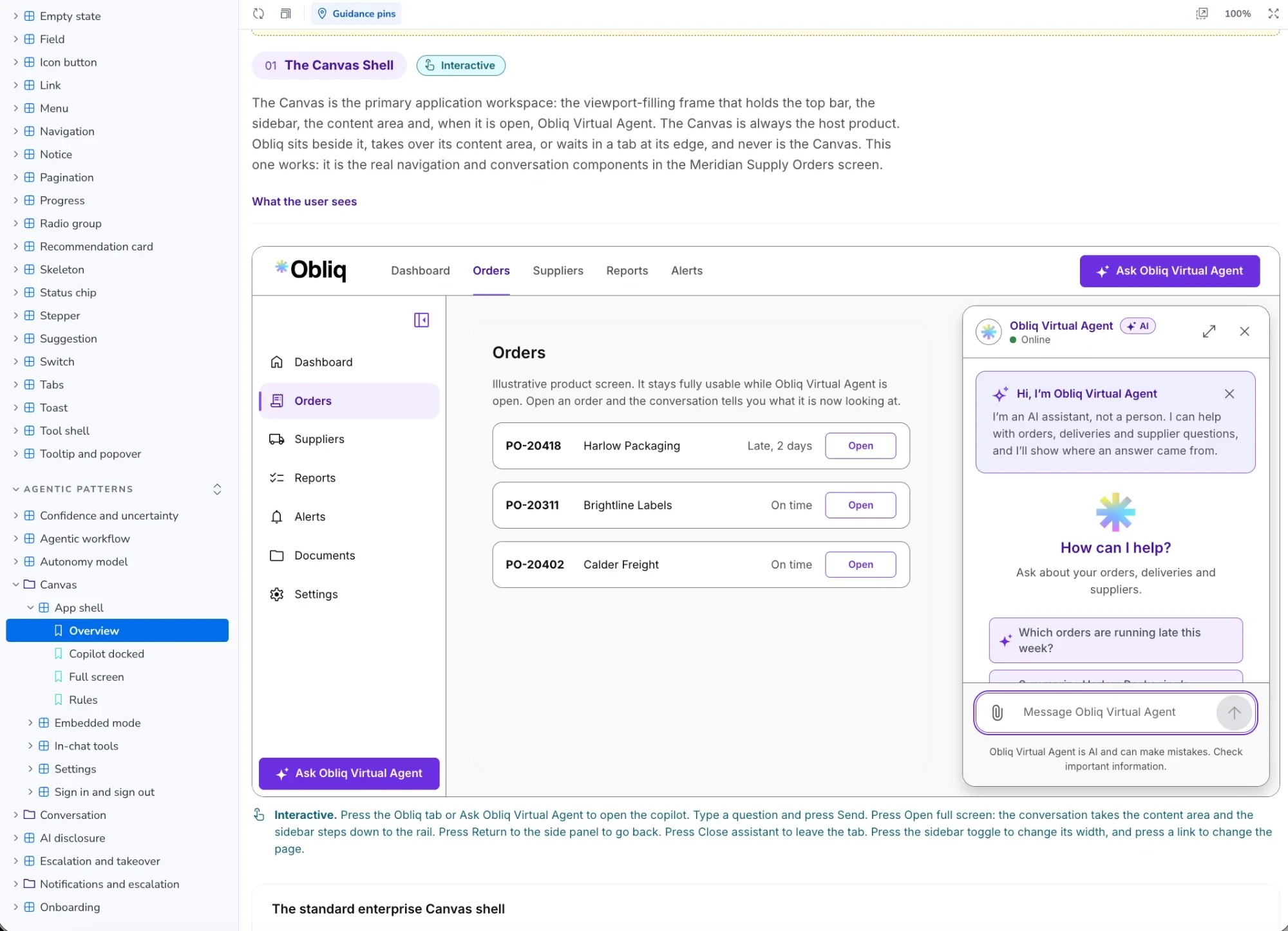 The Storybook page for the Canvas: an orders screen with the AI assistant docked on the right as a copilot, a greeting, suggested questions and a message box.