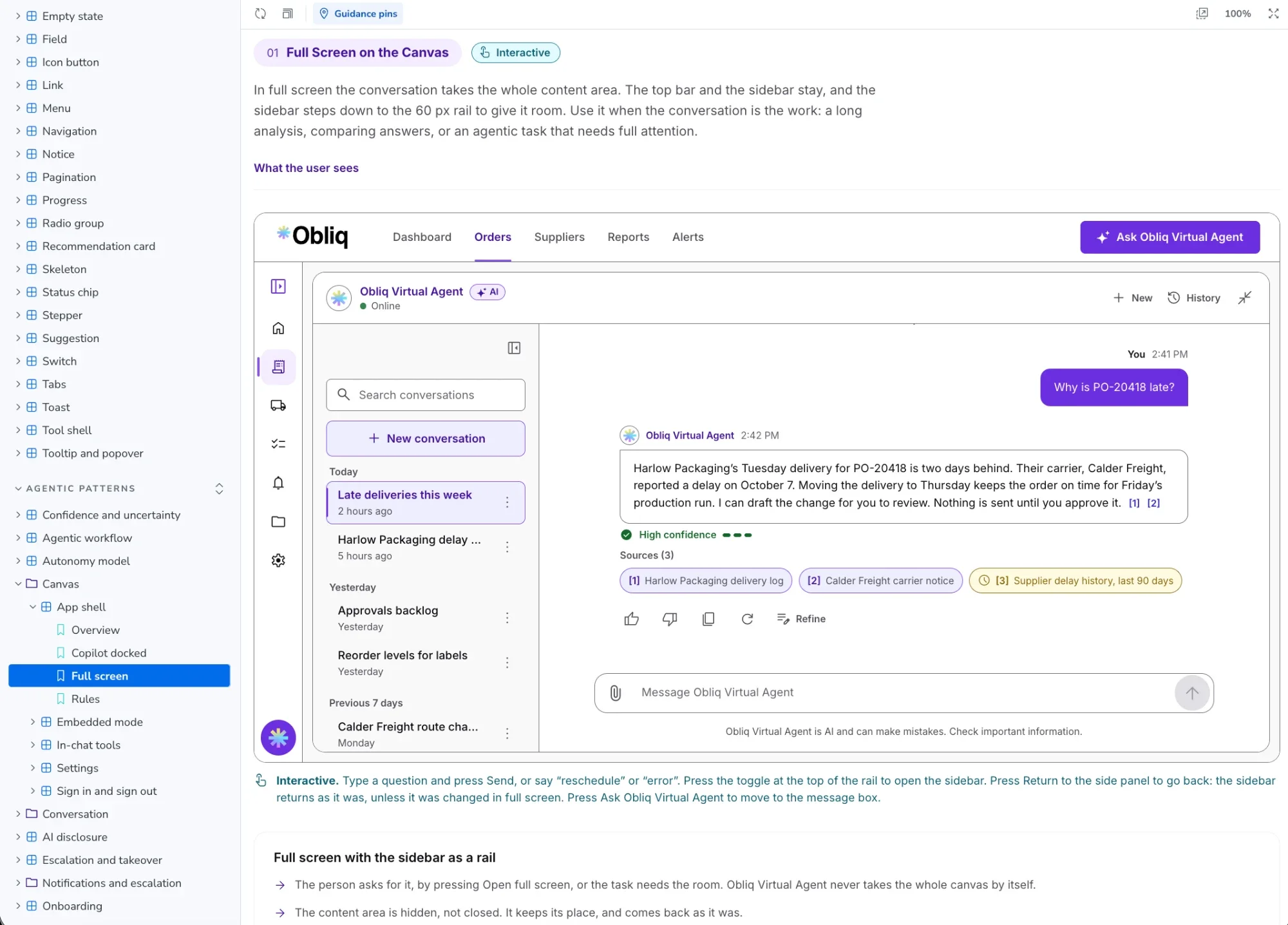 The Storybook page for full screen: the conversation fills the content area while the sidebar steps down to a narrow rail, showing an answer with a confidence label and its sources.