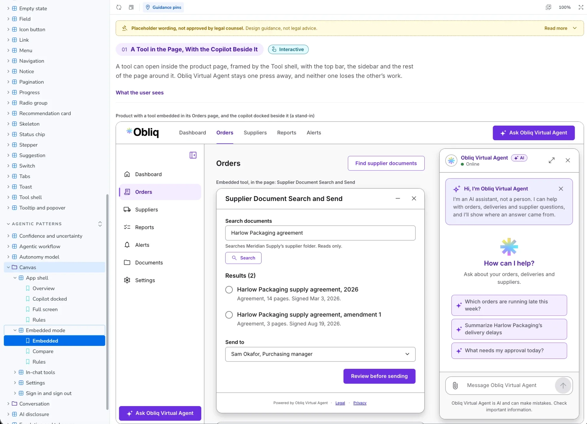 The Storybook page for embedded mode: a supplier document search and send tool open inside the orders page, with the copilot docked beside it.