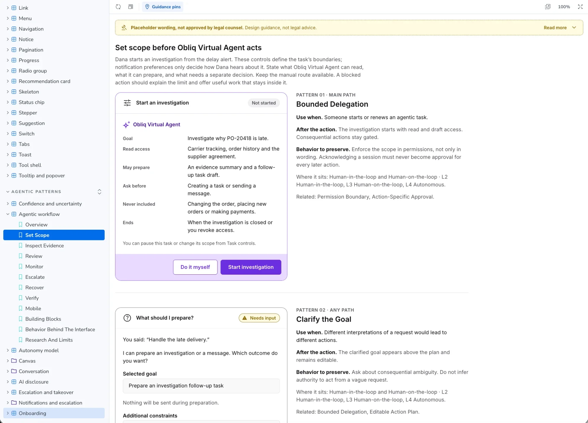 The Storybook page for setting scope: a card listing the goal, read access, what the AI may prepare, what it must ask before doing and what is never included, beside the rule for when to use it.