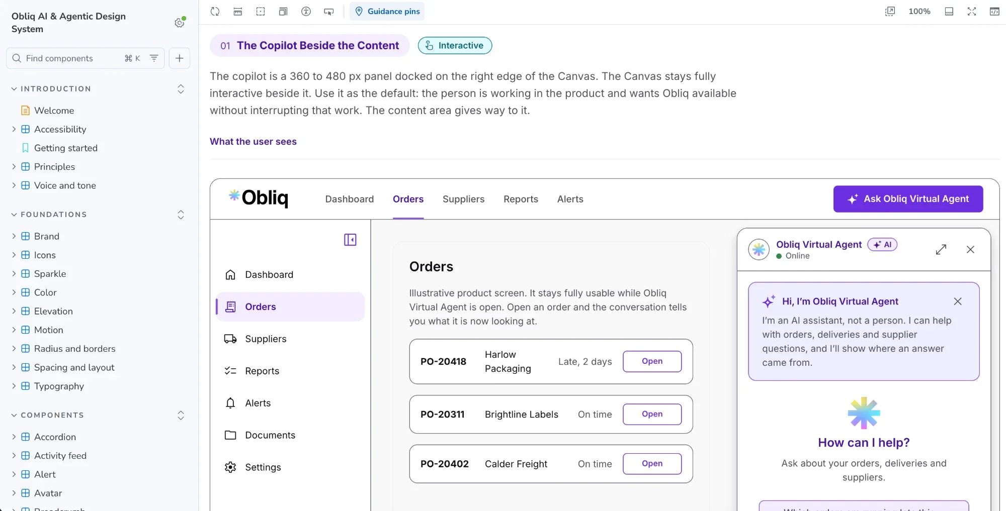 A page of the Obliq AI & Agentic Design System Storybook: the sidebar of components, and the side-panel assistant docked beside an orders screen.