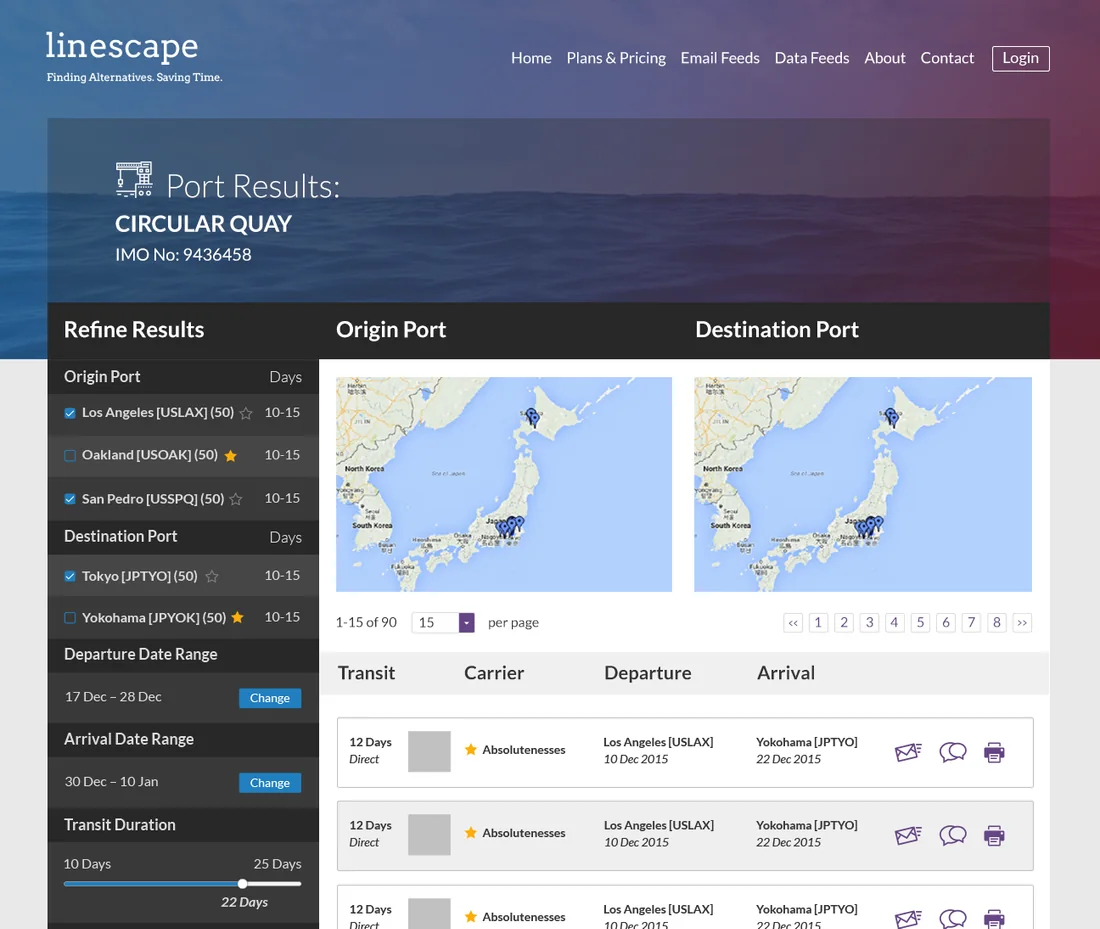 An early web application I designed and built: a shipping-search screen with filters on the left, two maps and a table of carriers and departures.
