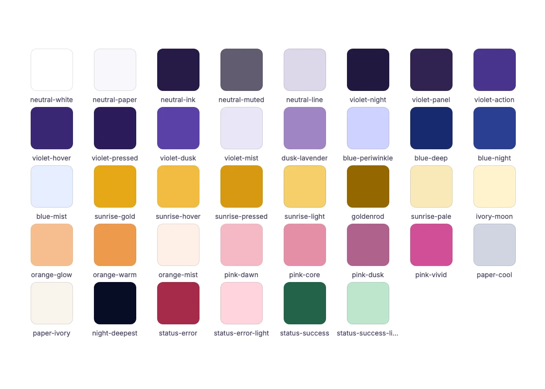 The full palette: 38 named color primitives, from neutral white and ink through violets, blues, sunrise golds, oranges and pinks to the status colors.