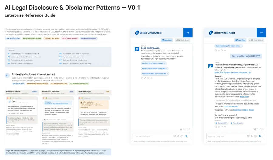 A page from the enterprise reference guide on AI legal disclosure and disclaimer patterns, with real examples and two Ecolab Virtual Agent screens beside it.