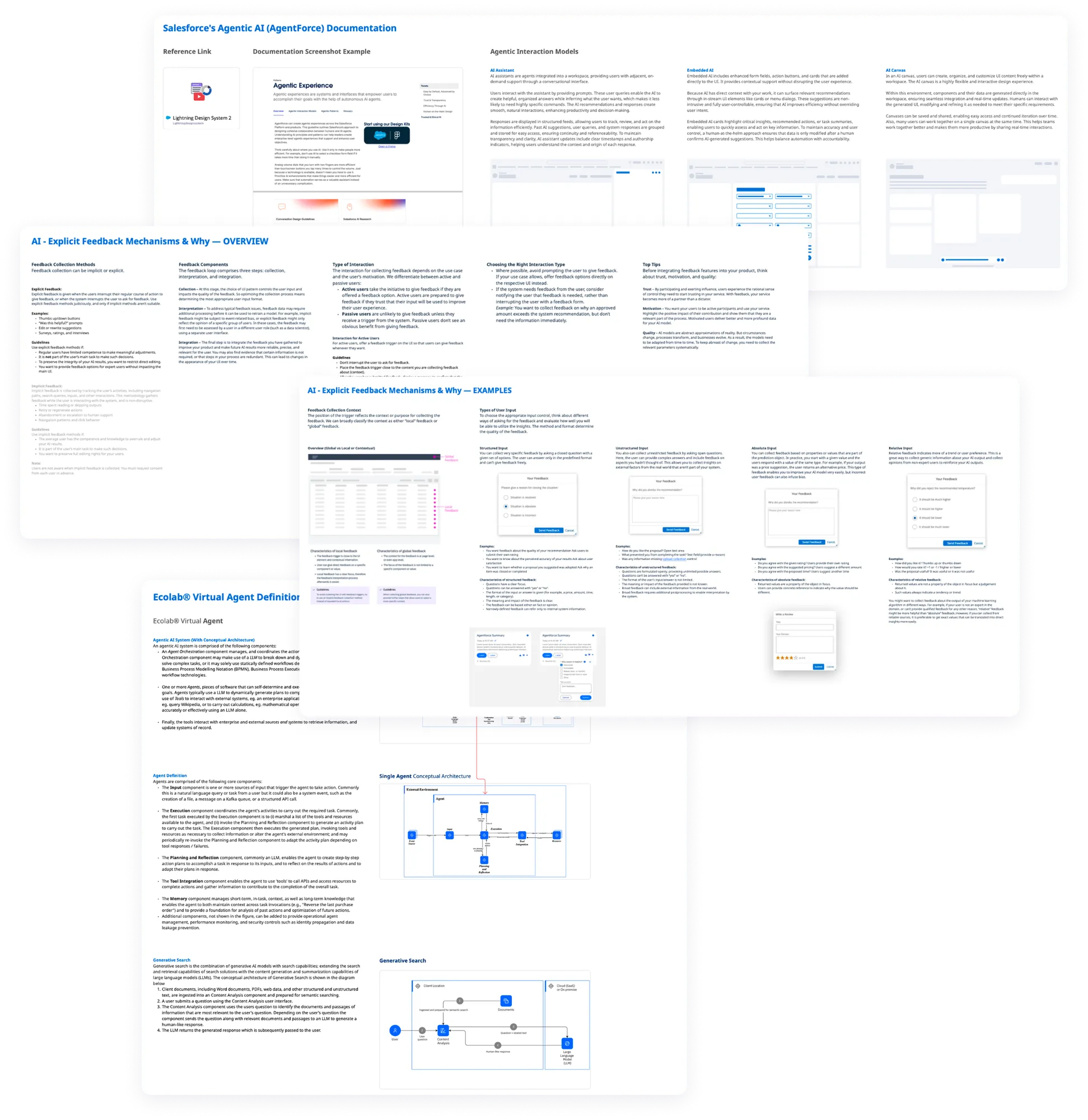 A board of research references: Salesforce's agentic AI documentation with three agent interaction models, two pages on explicit feedback mechanisms and examples, and a definition of an agent with conceptual architecture diagrams.