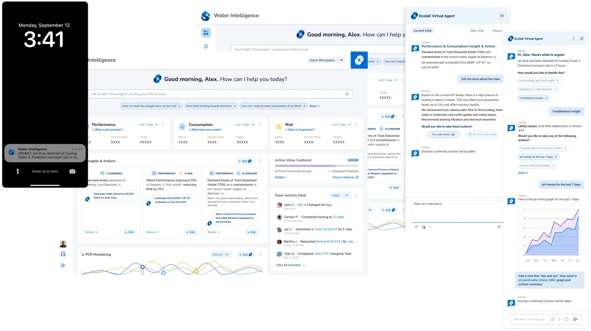 Early designs for an Intelligence platform: a phone lock screen alert about a water issue, an Intelligence home page with a Good morning prompt and insight cards, and the Ecolab Virtual Agent panel walking a user through an insight and its recommended actions.