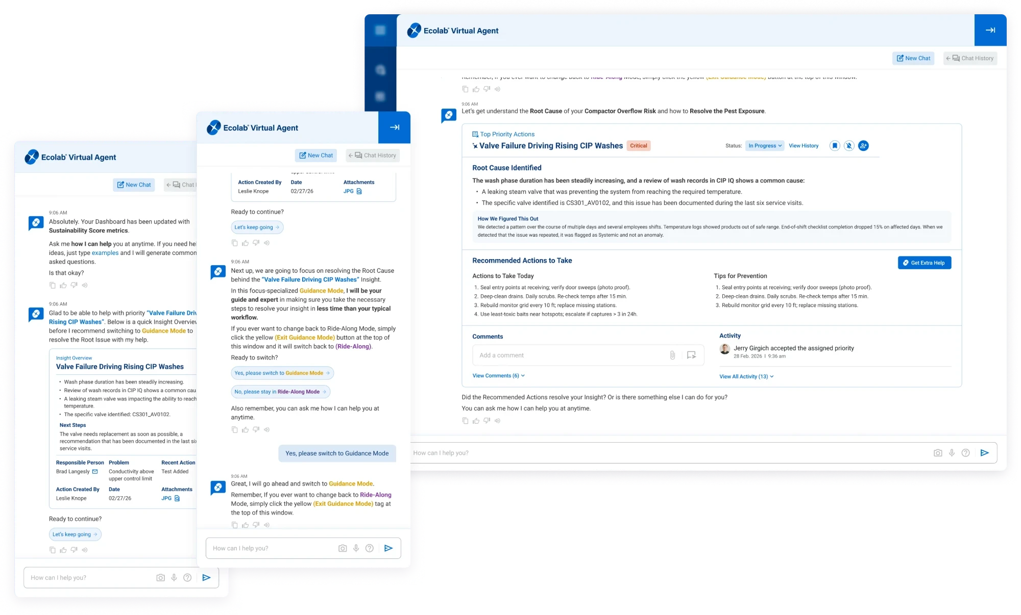 Three views of the Ecolab Virtual Agent moving a user from the side panel to a focused full-screen view of an insight. In the panel, the assistant gives an overview of an insight and asks if the user is ready to continue. It then explains that it can switch to a focused full-screen mode and how to switch back, and the user says yes. In the full-screen view beside the product, the same insight shows its root cause, recommended actions, comments and activity.