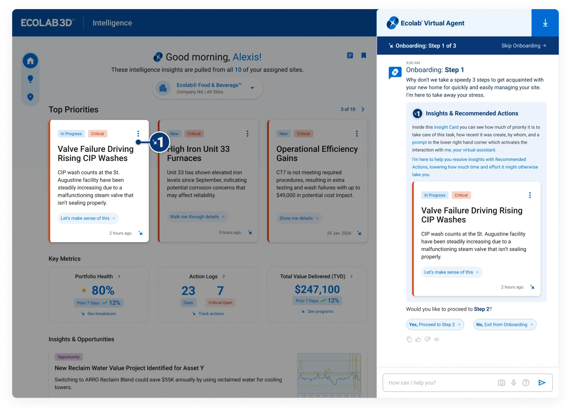 The Ecolab3D Intelligence home page with the Ecolab Virtual Agent open beside it, showing top priority cards and an insight in the panel.